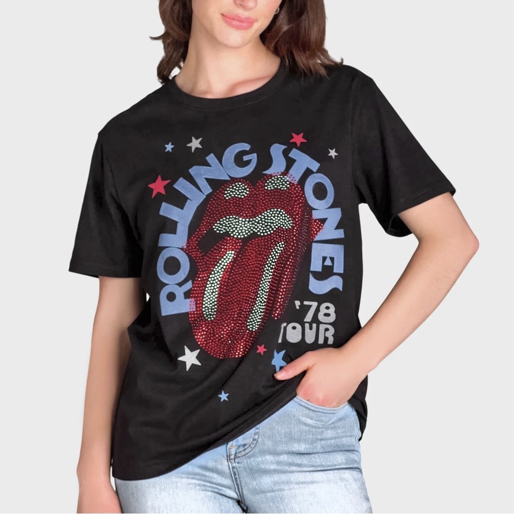 Rolling Stones Rhinestone Band Tee Graphic T-Shirt 1978 Tour Black NWT